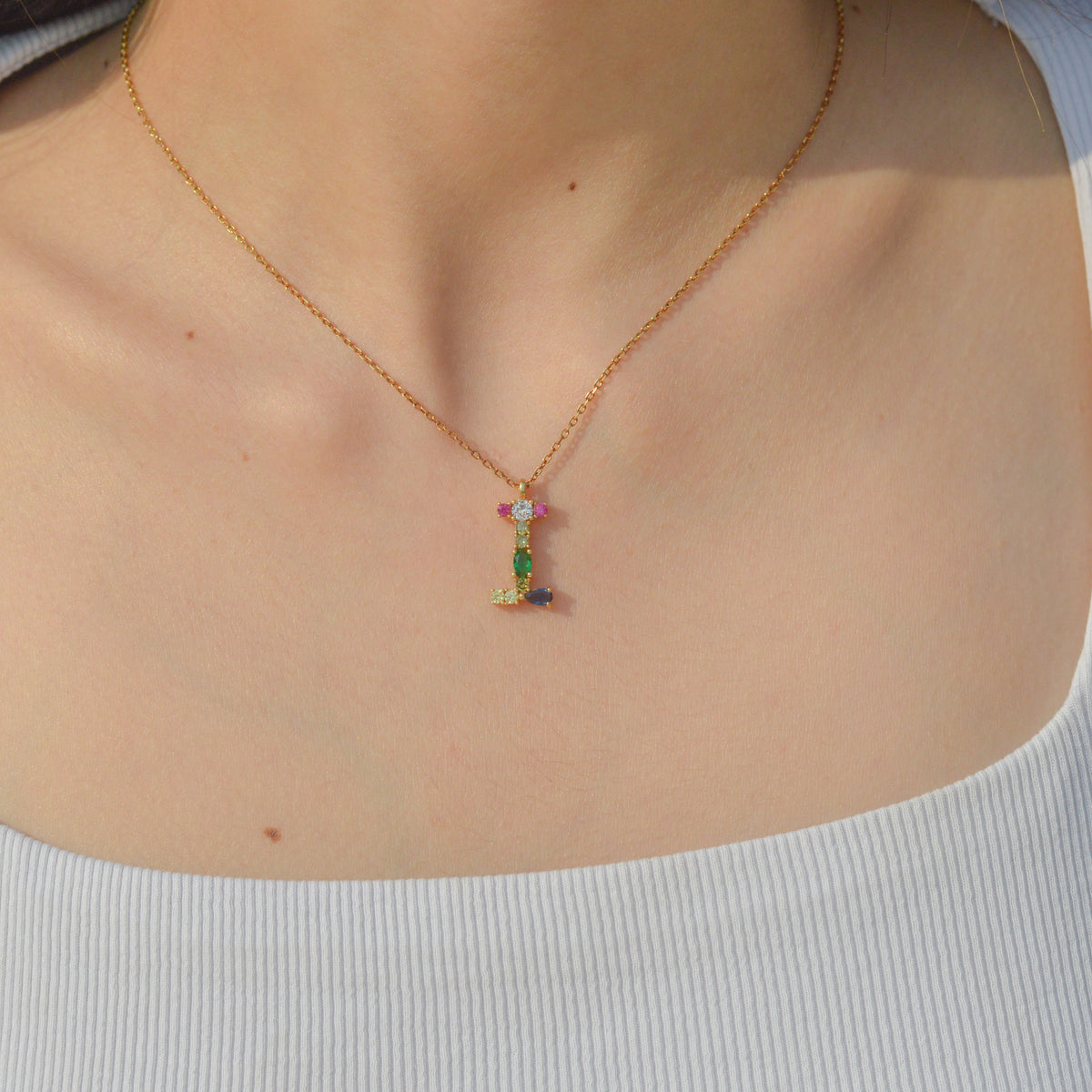 Letter I Colored Stones Necklace