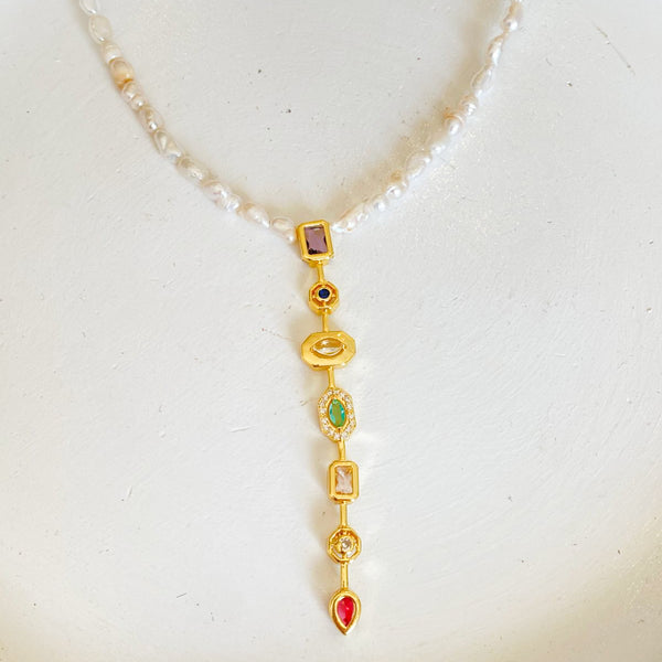 Freshwater Pearl Necklace with Multicolor Stones Pendant