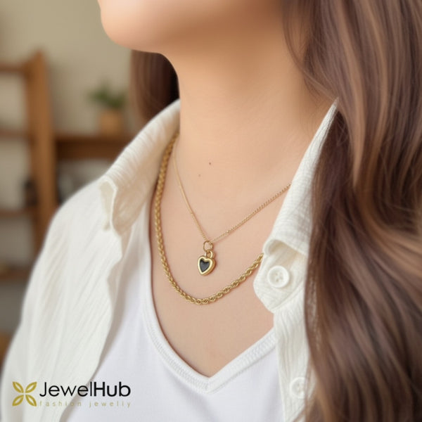 Heart Black Enamel Necklace & Rope Enamel Necklace Set