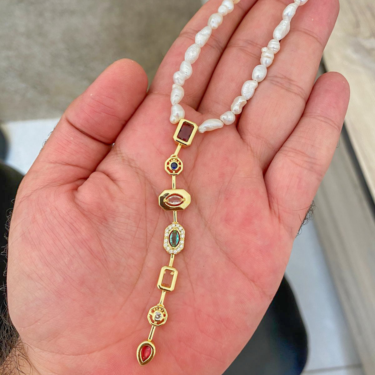 Freshwater Pearl Necklace with Multicolor Stones Pendant