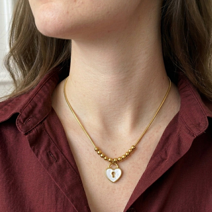 Mother of Pearl Heart Lock Pendant Necklace