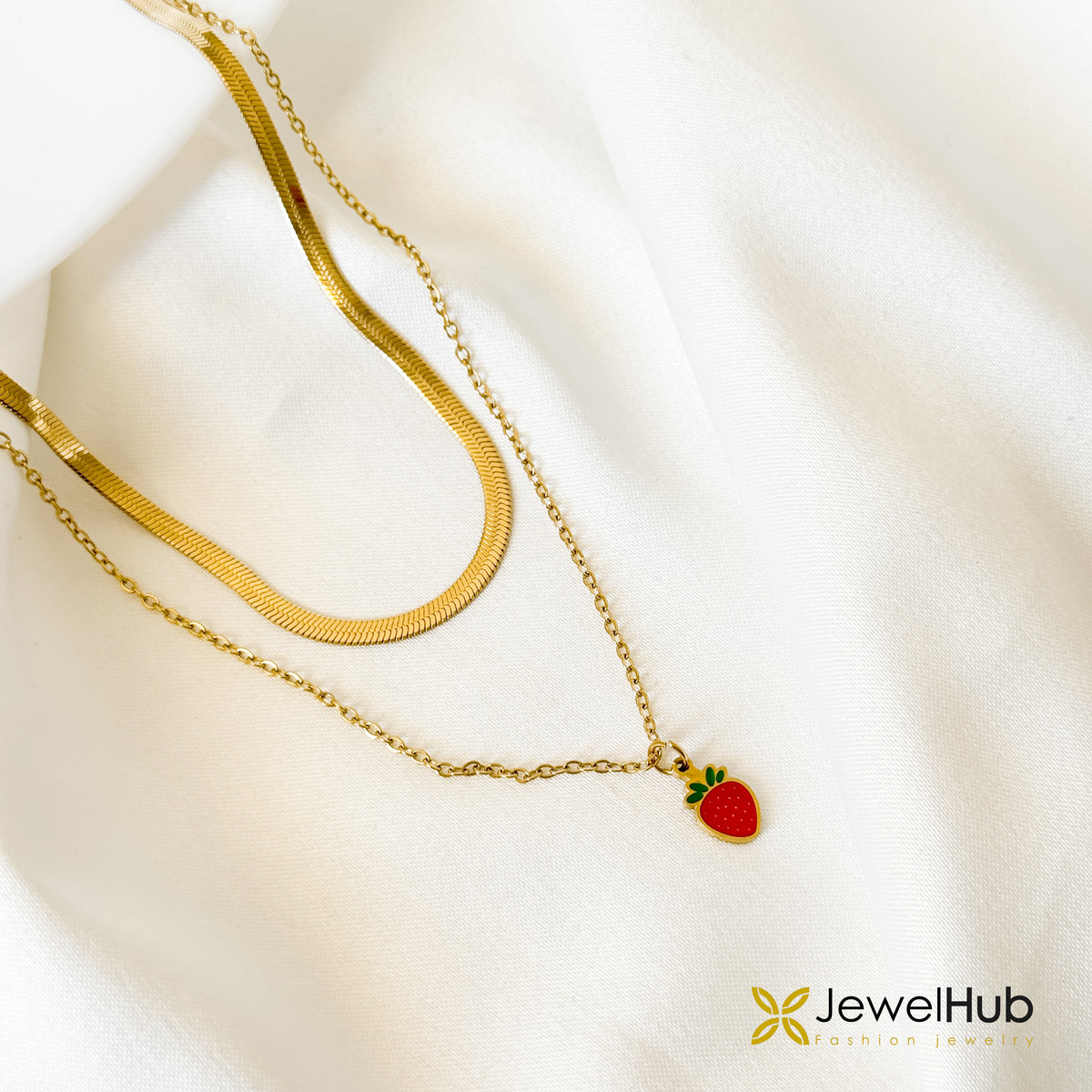 Red Strawberry Pendant & Gold Herringbone Layered Set