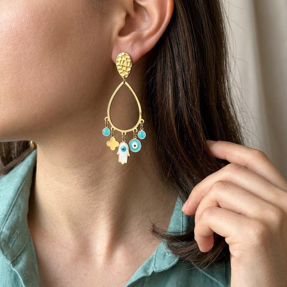Golden Hamsa Chandelier Earring