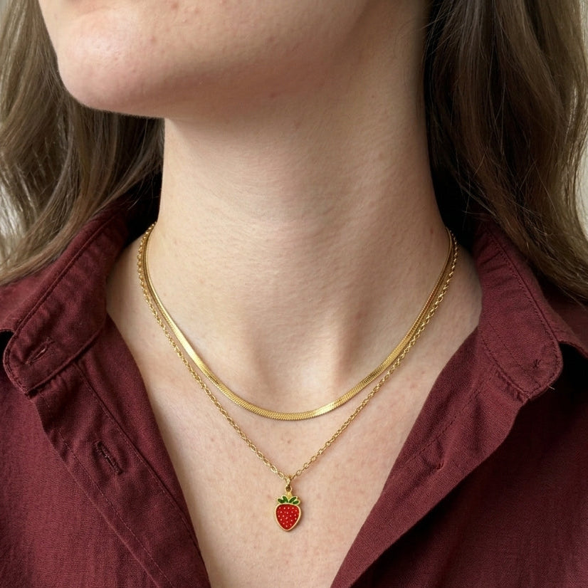 Red Strawberry Pendant & Gold Herringbone Layered Set