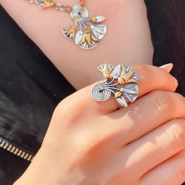 باقة من زهور اللوتس خاتم فضة