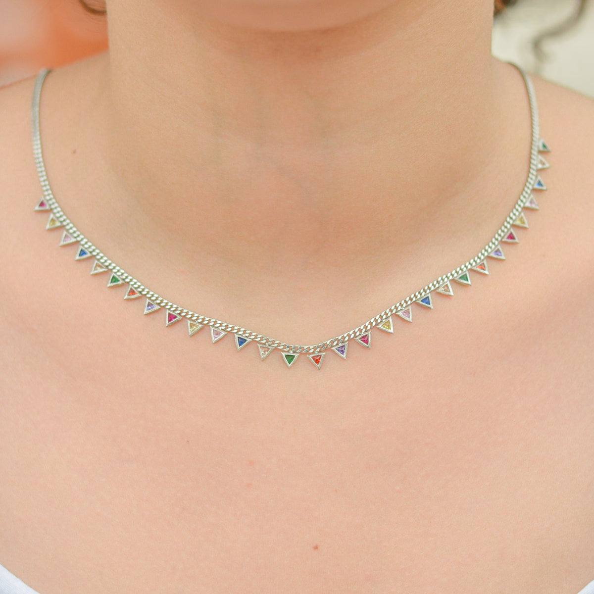 Colourful Rainbow Jewelled Triangle Sterling Silver Station Necklace