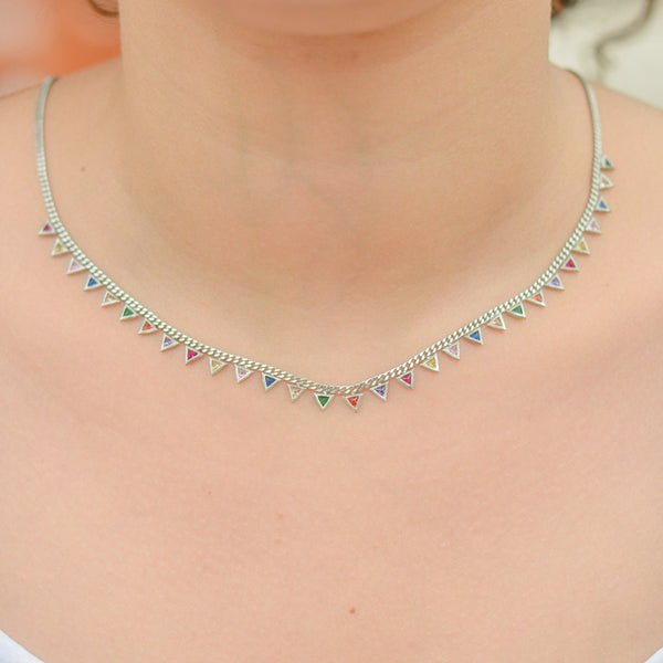 Colourful Rainbow Jewelled Triangle Sterling Silver Station Necklace