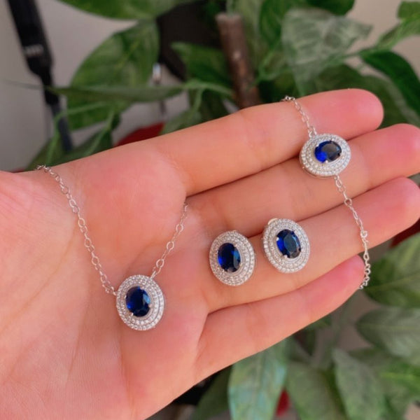 Oval Sapphire CZ Silver Set