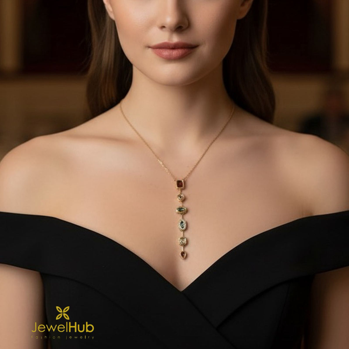 قلادة على شكل حرف Y ملونة مع أحجار الزركون متعددة الألوان