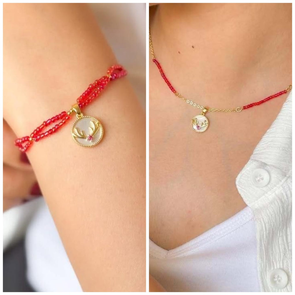 Red Coral with Gold Antler Pendant Set