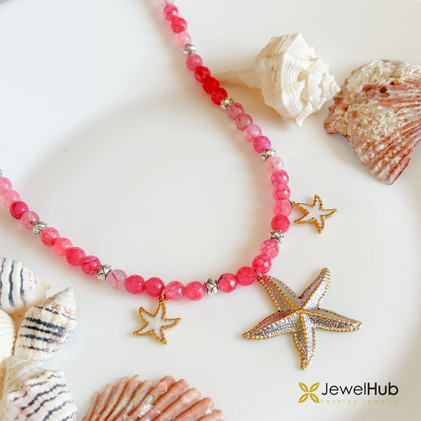 Pink Beaded Starfish Charm Necklace