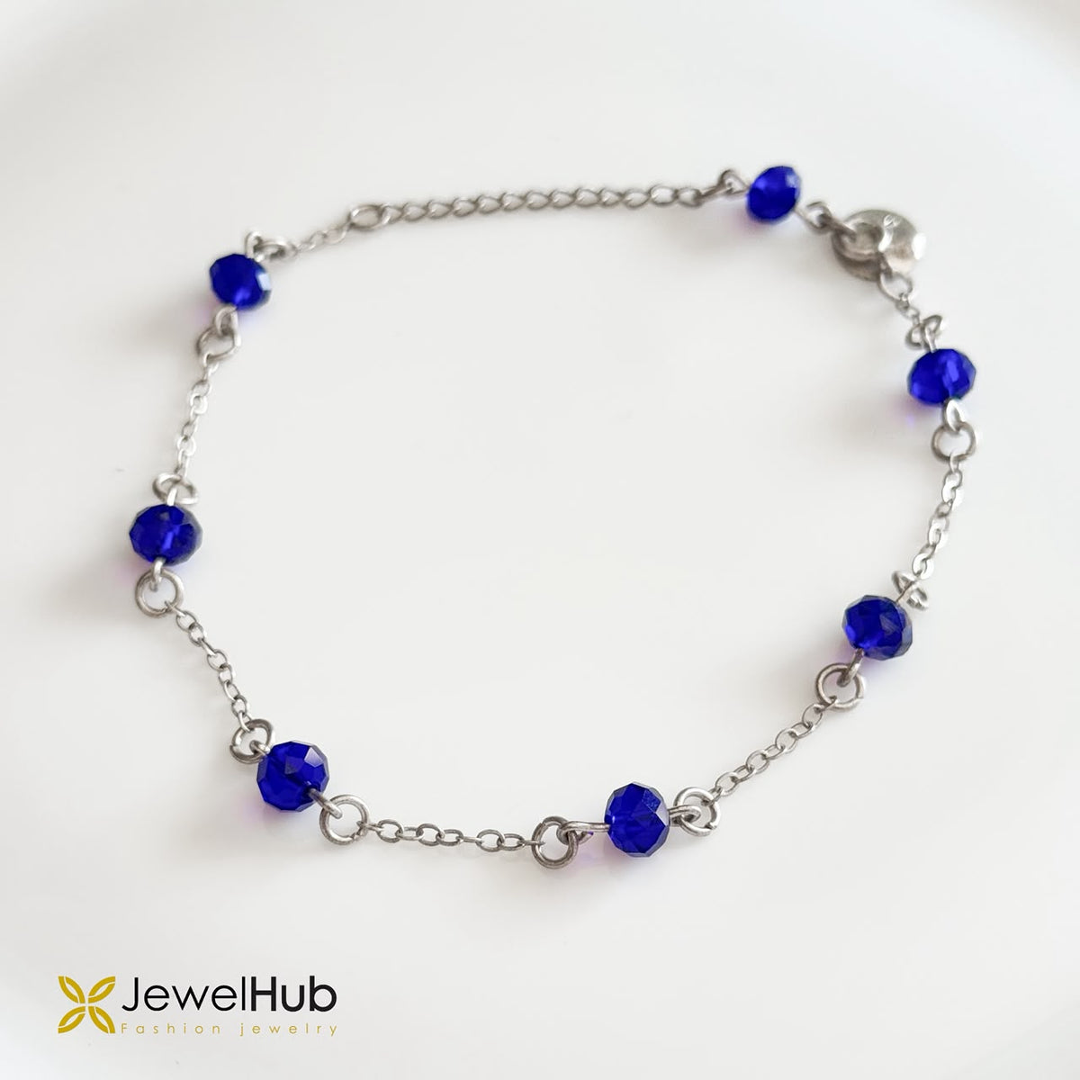 Blue Crystal Beads Silver Chain Anklet