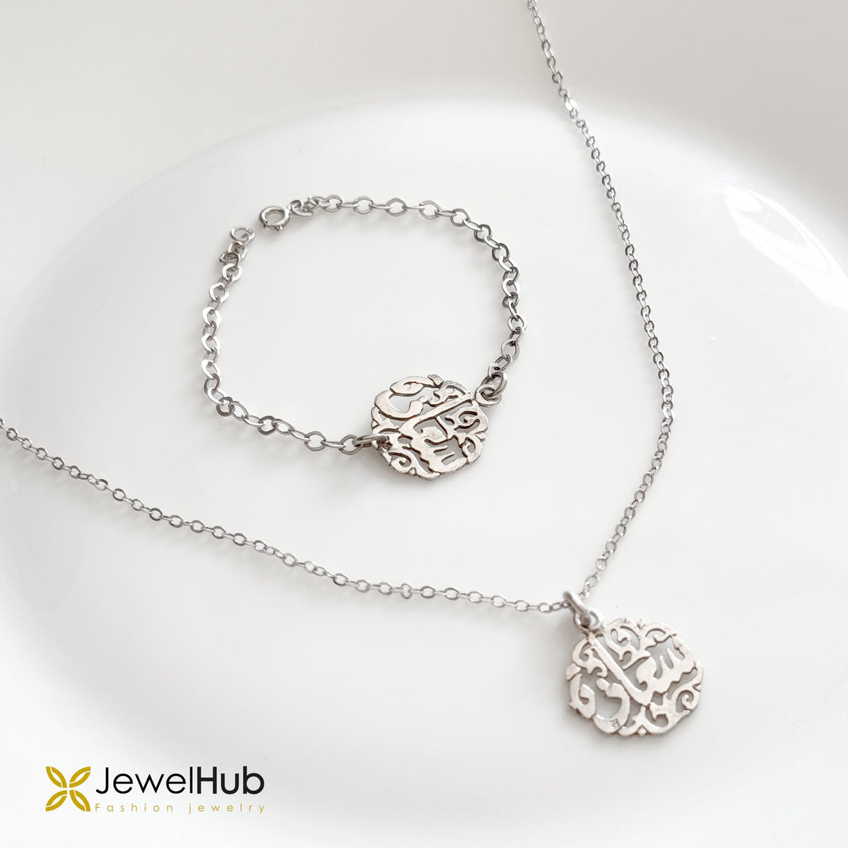 Elegant Silver Calligraphy Jewelry Set سعادة