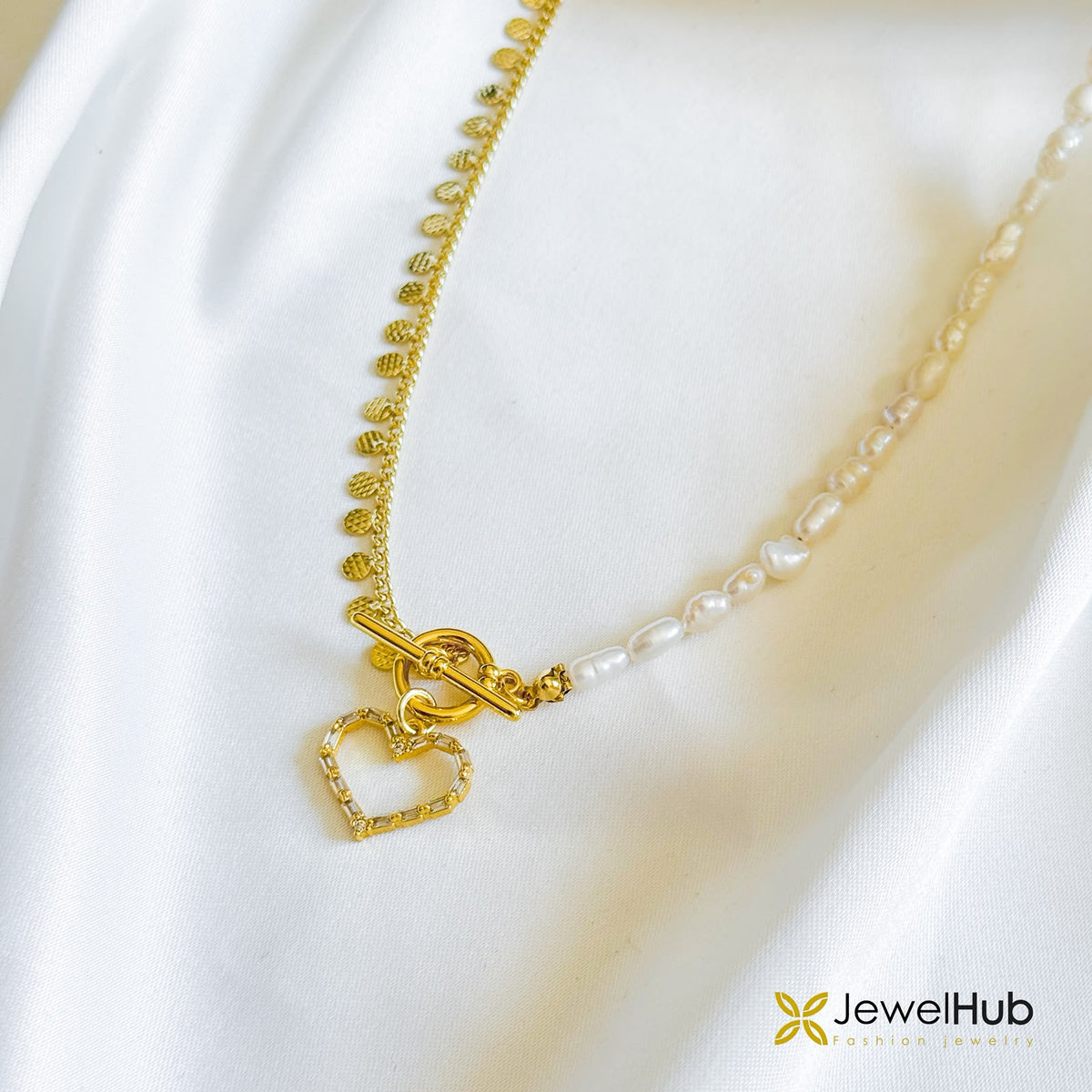 Pearl & Gold Disc Necklace with Pavé Heart