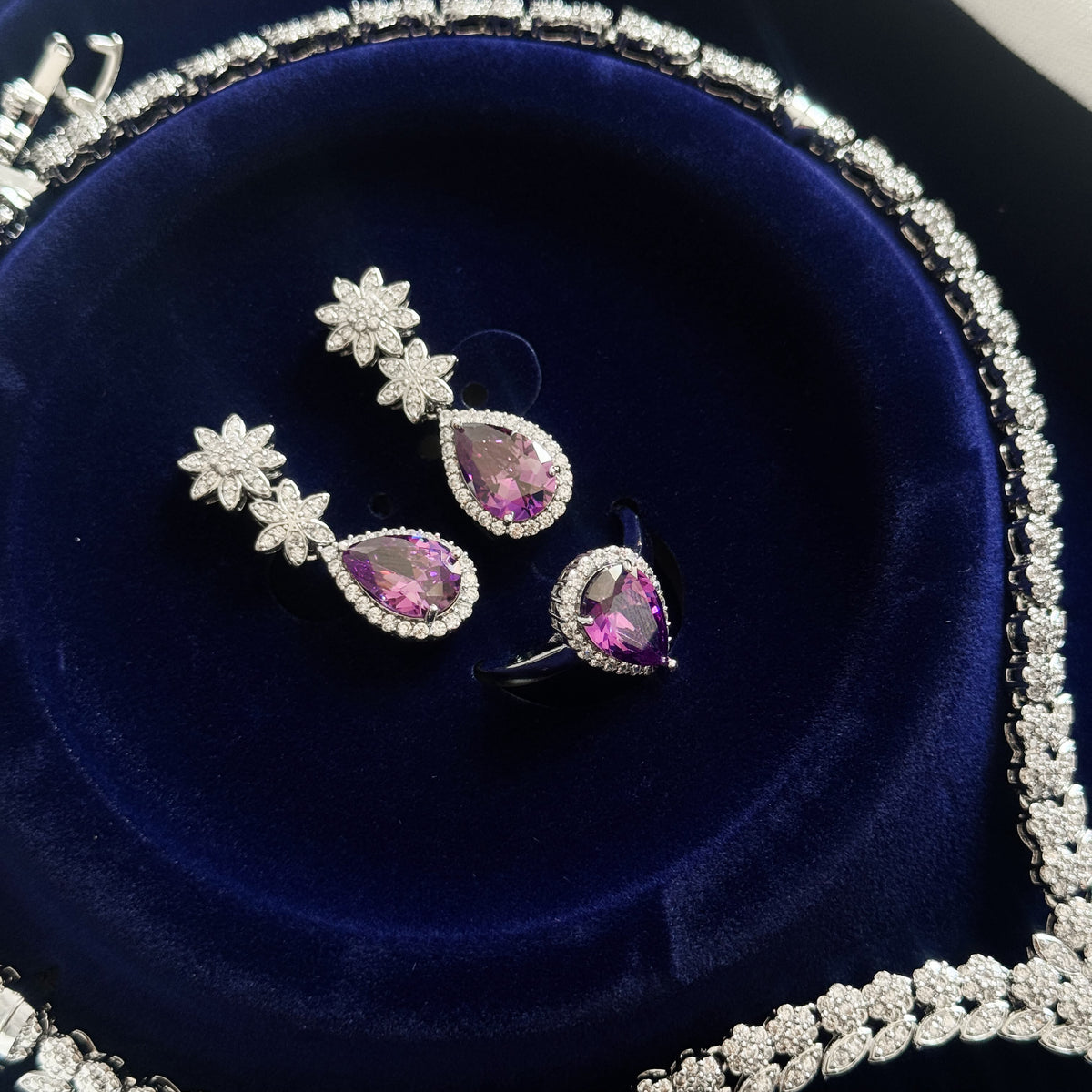 Silver-Plated Purple Pear-Cut CZ Jewelry Set – V-Shape