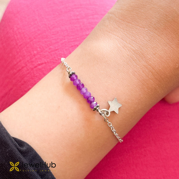Purple Beaded Star Charm Silver Bracelet