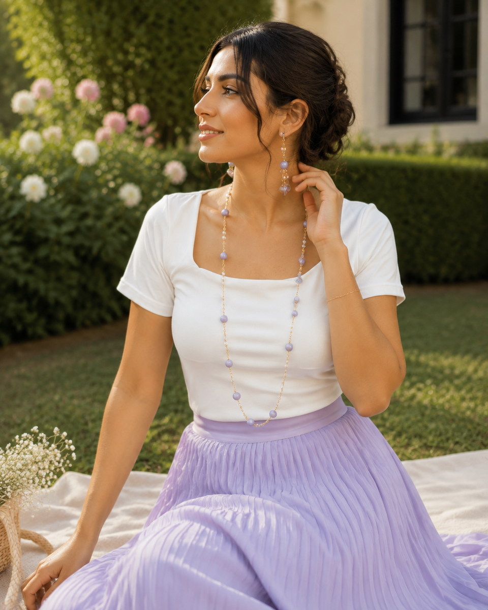 Lavender Bloom Beaded Long Necklace