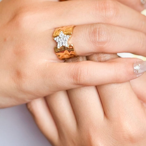 Gold Wide Band Ring with Star Design