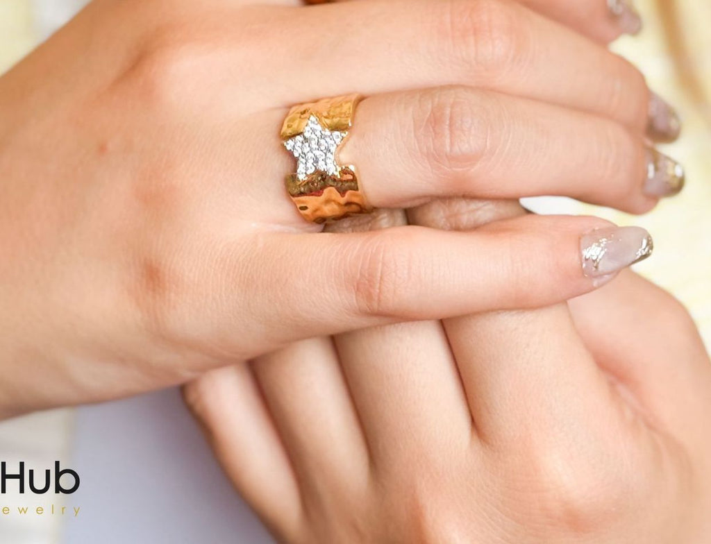Gold Wide Band Ring with Star Design