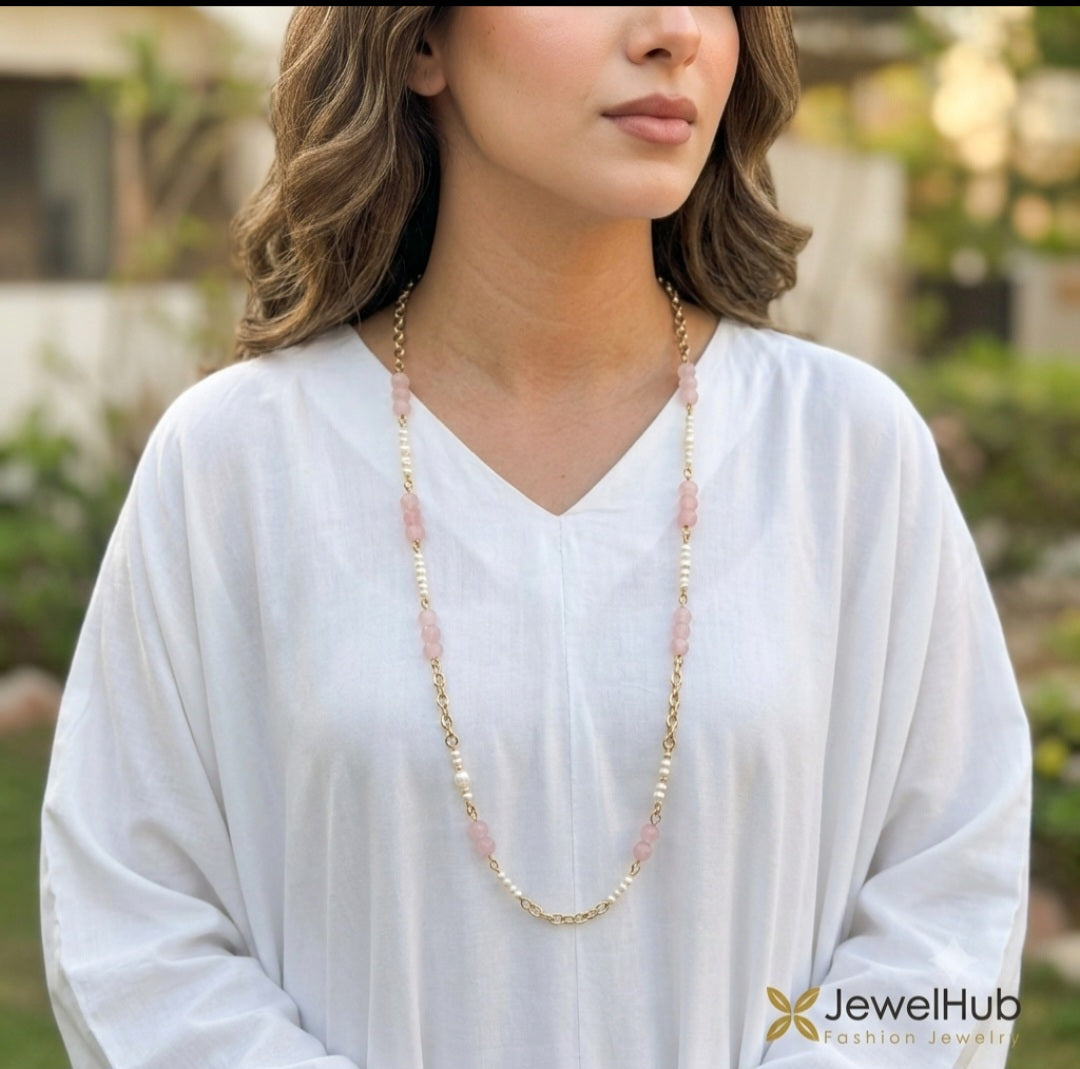 Pink Quartz & Pearl Long Station Necklace