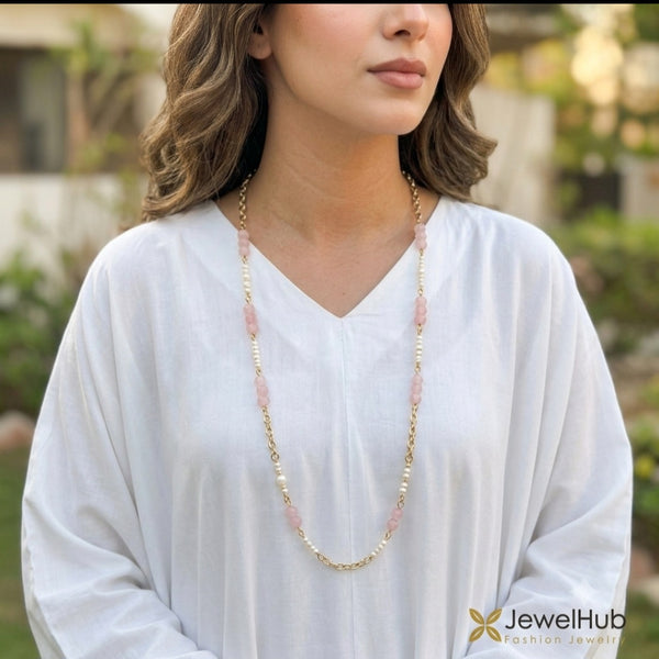 Pink Quartz & Pearl Long Station Necklace
