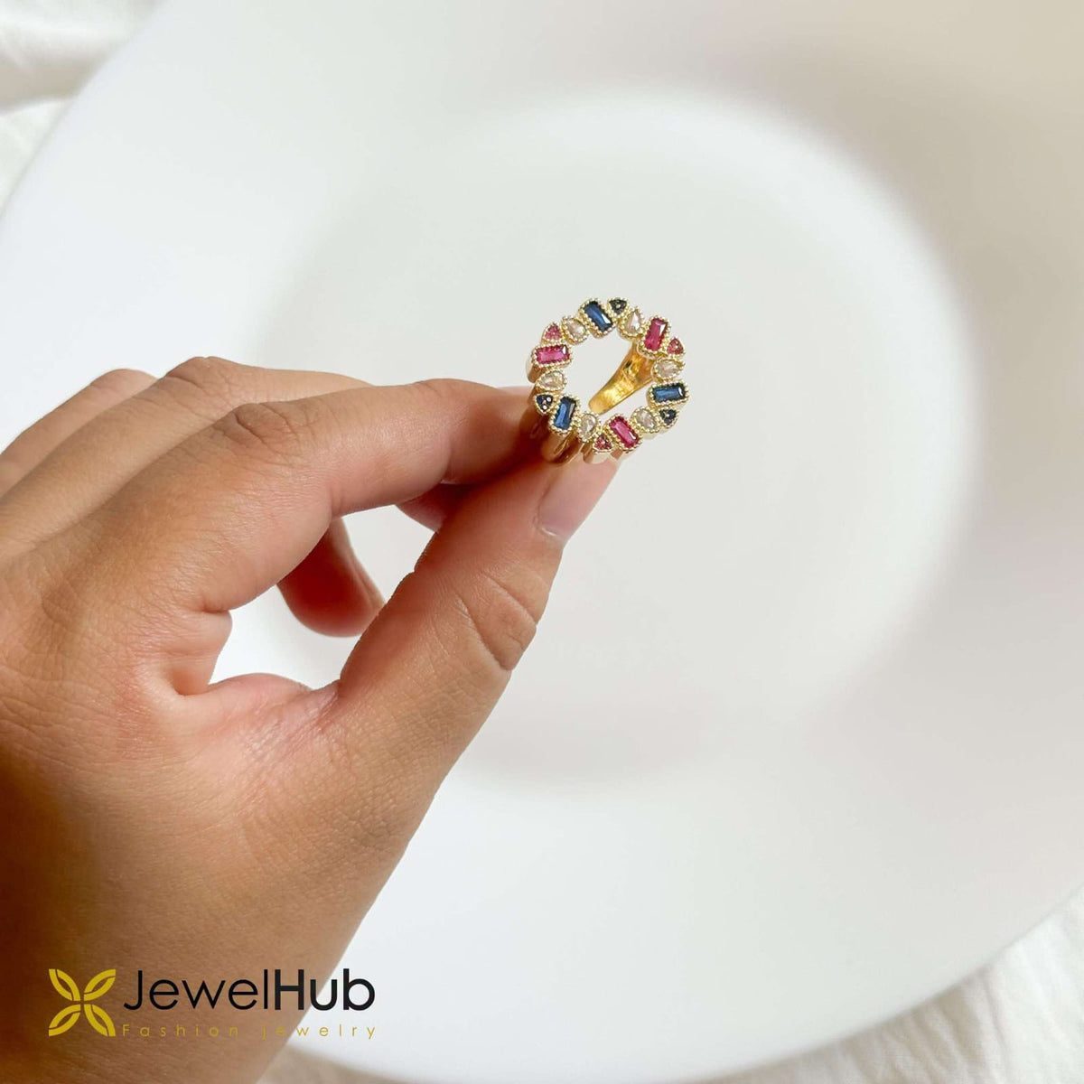 Multi-Color CZ Signet Ring Open Circle Baguette Cut Ring