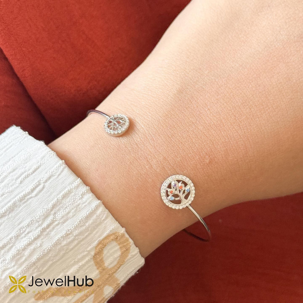 Silver Tree of Life Open Cuff Bracelet with Colorful Crystal Accents
