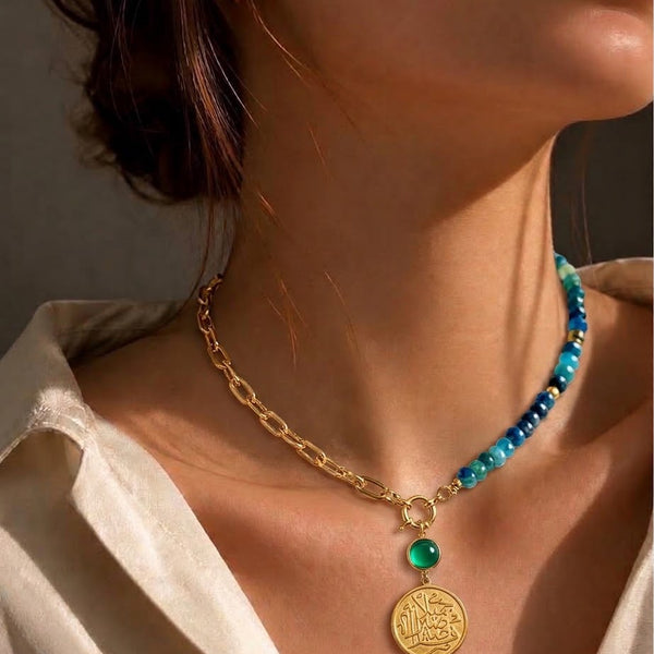 Half-Beaded Necklace – Teal Gemstone & Paperclip Chain  فصبراً جميلاً