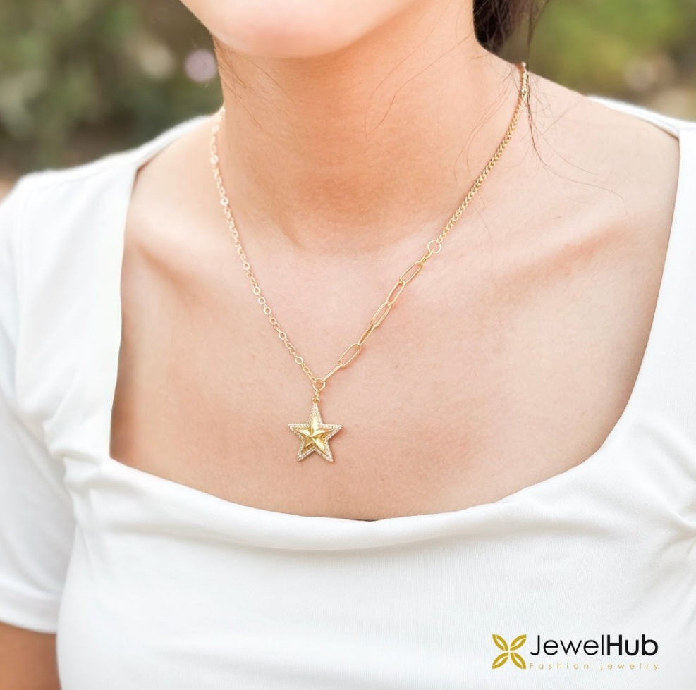 Celestial Asymmetric Paperclip Star Pendant Necklace