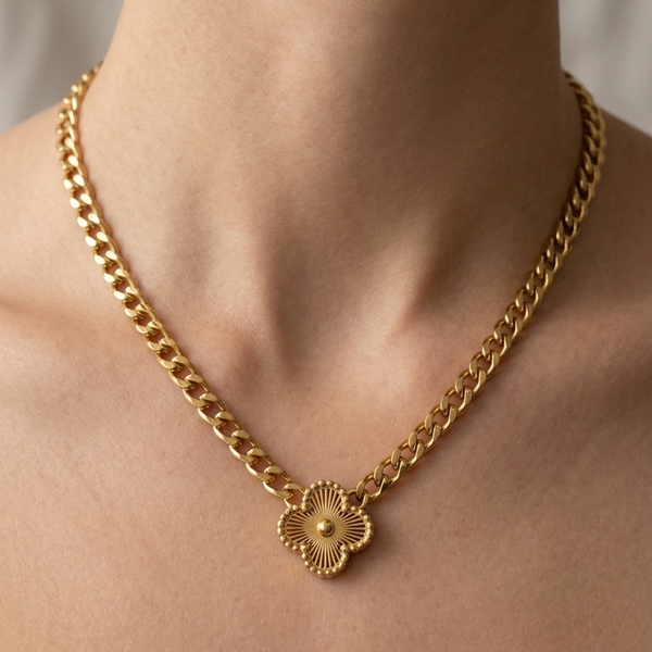 Gold Curb Chain Van Cleef Necklace with Sunburst Texture
