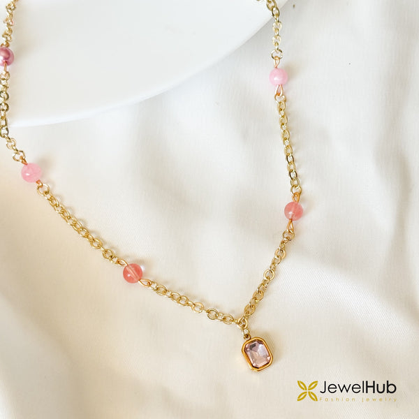 Romantic Pink Gemstone Charm Gold  Necklace