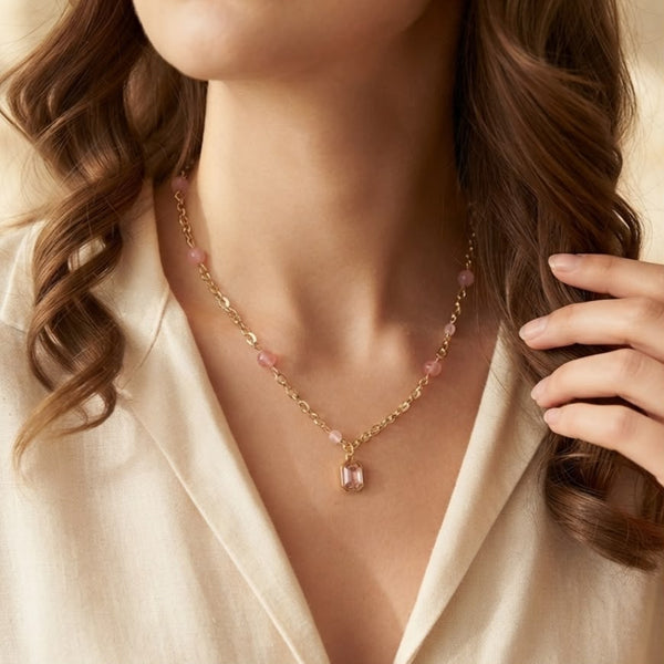 Romantic Pink Gemstone Charm Gold  Necklace