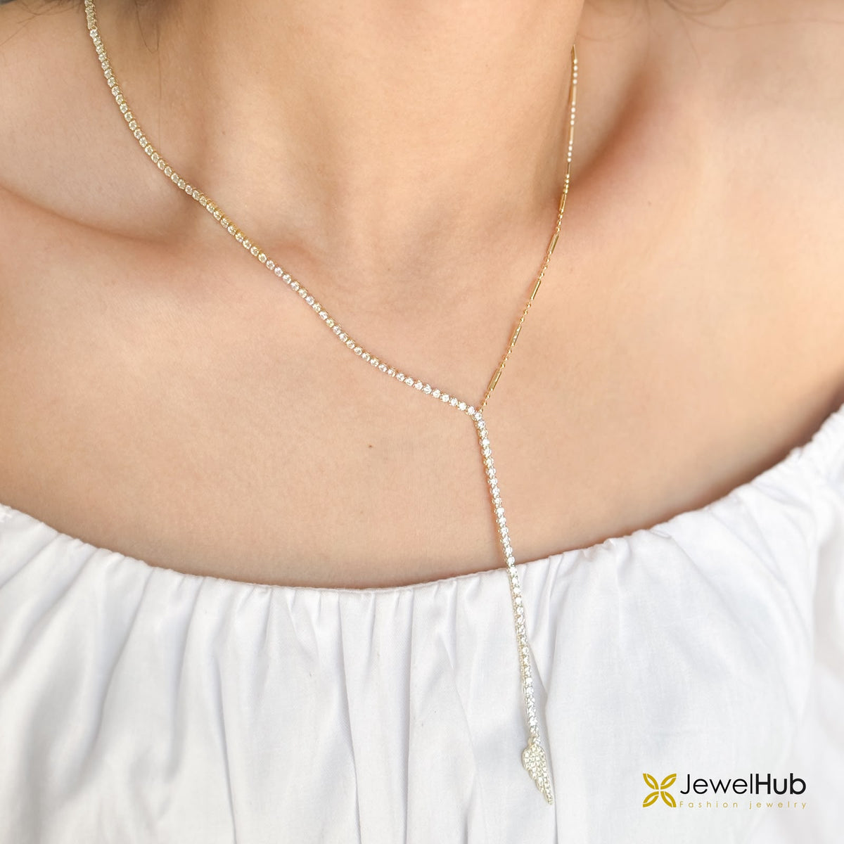 Tennis Y-Necklace CZ Crystal Pave Strand with Feather Wing Drop