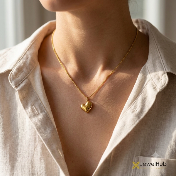 Gold Plated Puffed Heart Pendant Necklace