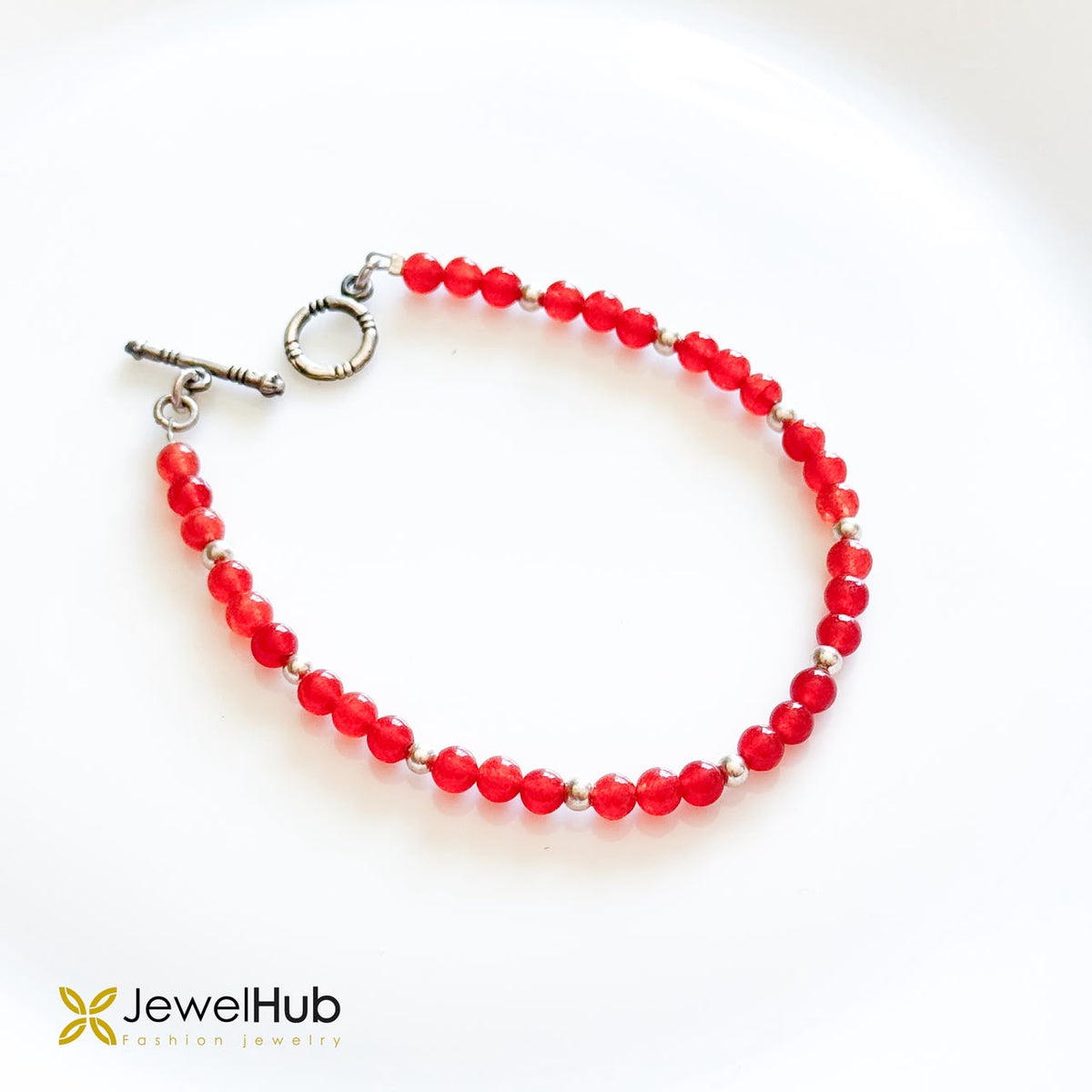 Red Agate Bead Bracelet with Silver