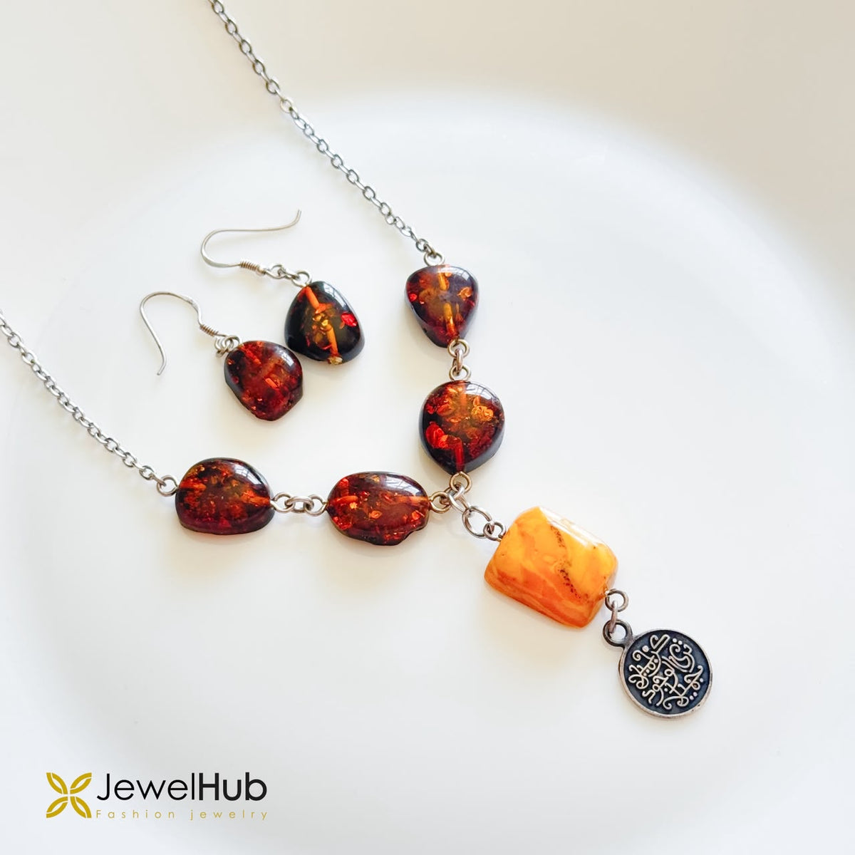 Honey Amber Stone Necklace & Matching Drop Earrings Set