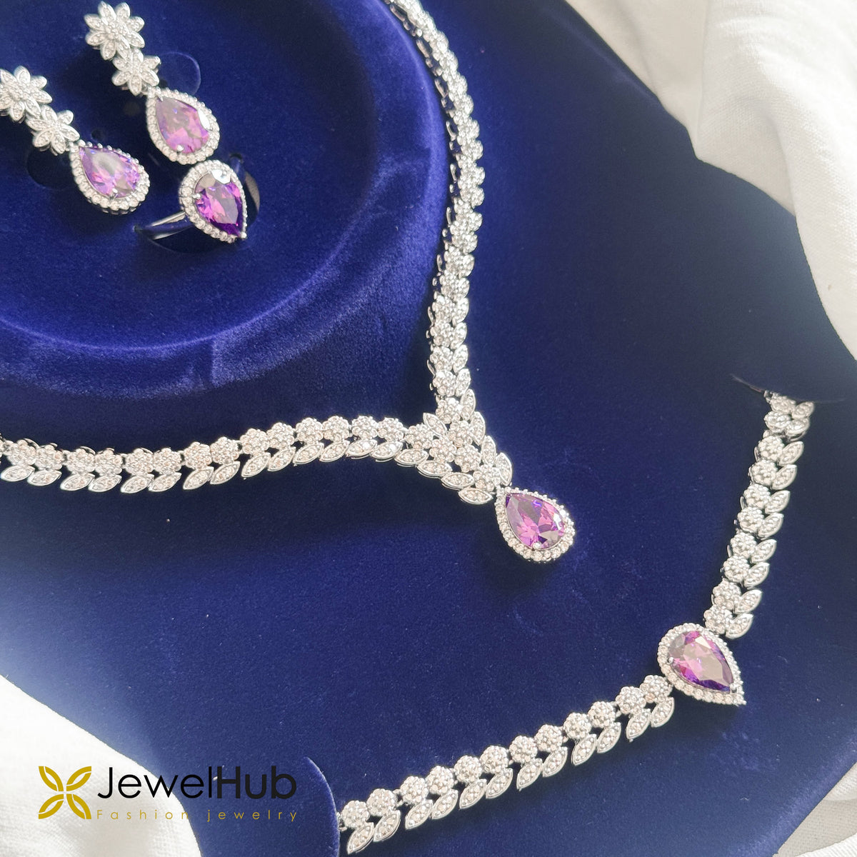 Silver-Plated Purple Pear-Cut CZ Jewelry Set – V-Shape