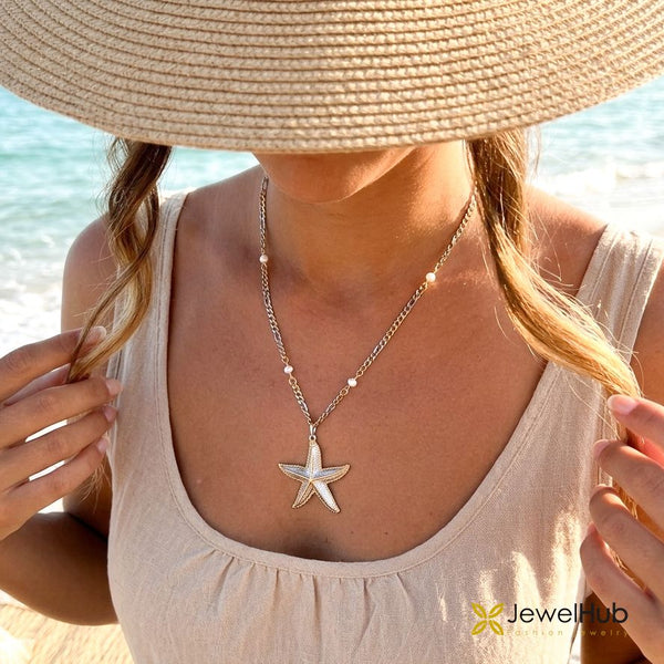...Silver & Gold Toned Starfish Necklace with Pearls