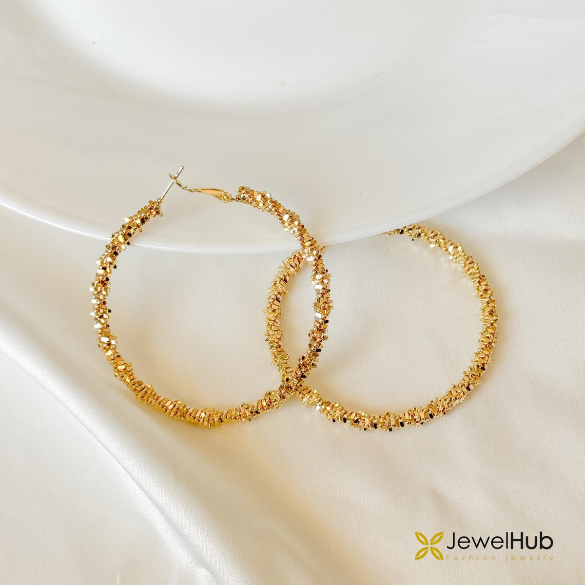 Gold Textured Glitter Sparkle Hoop Earrings