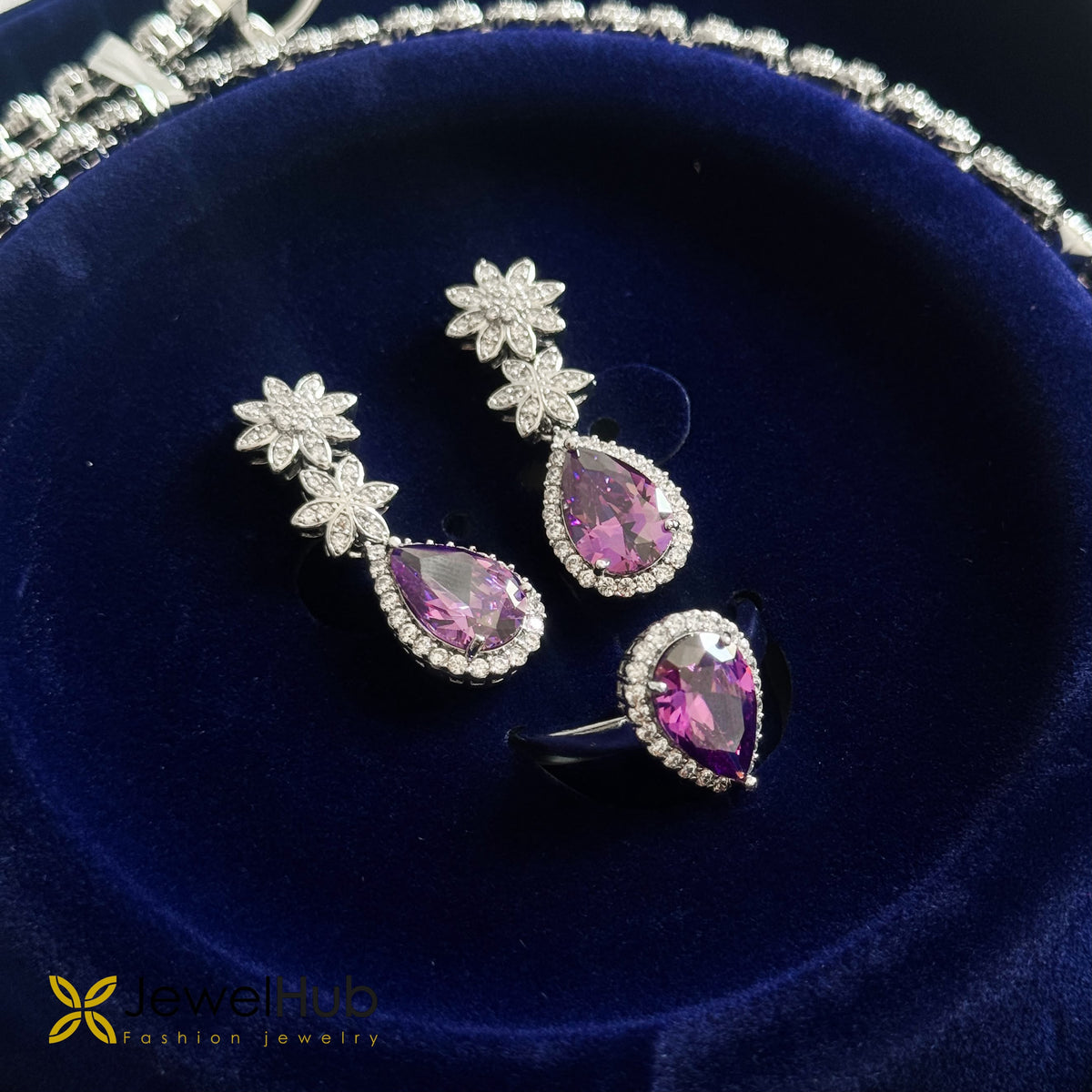 Silver-Plated Purple Pear-Cut CZ Jewelry Set – V-Shape