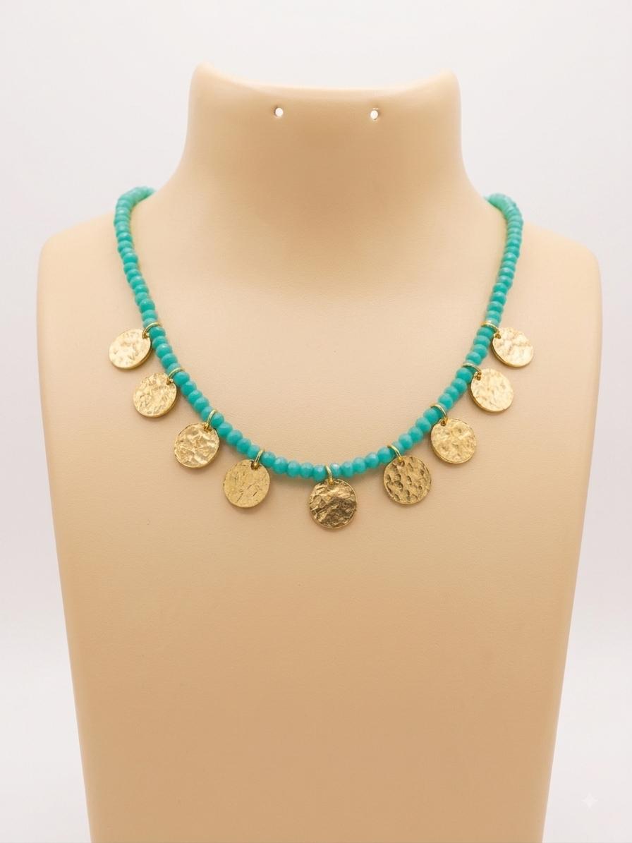 Turquoise Crystal Beaded Necklace with Hammered Gold Coin