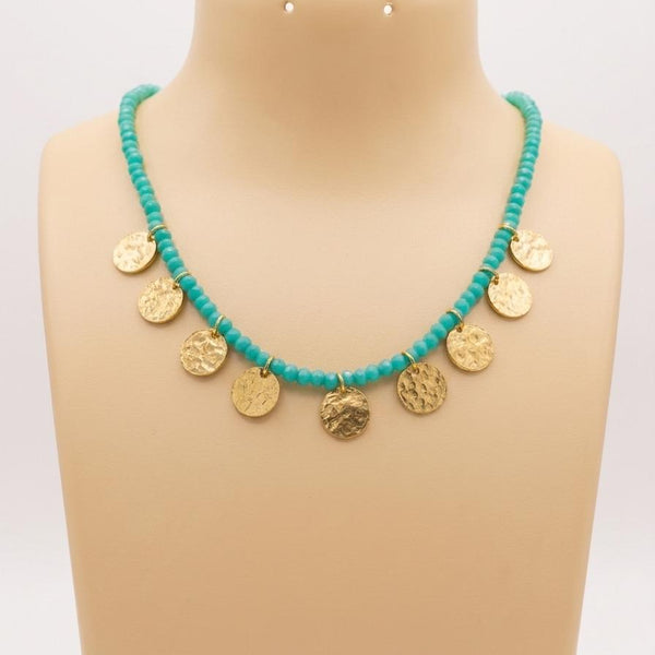 Turquoise Crystal Beaded Necklace with Hammered Gold Coin