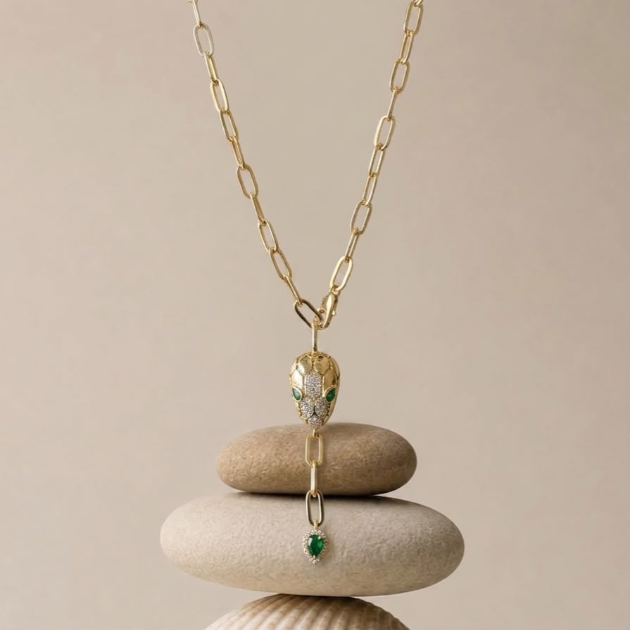 Bold Gold Paperclip Link Chain with Snake Head Pendant Necklace