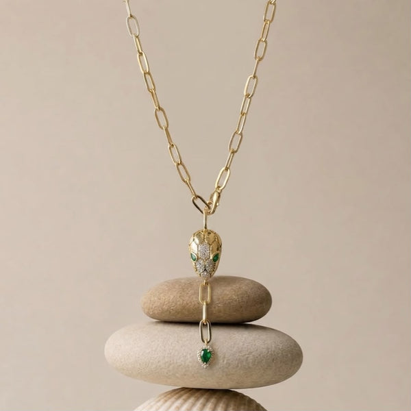 Bold Gold Paperclip Link Chain with Snake Head Pendant Necklace