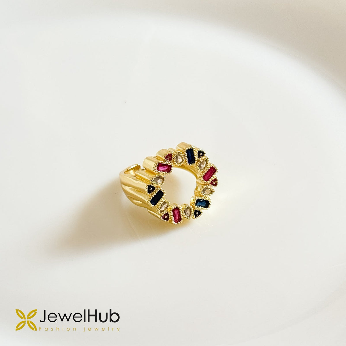 Multi-Color CZ Signet Ring Open Circle Baguette Cut Ring