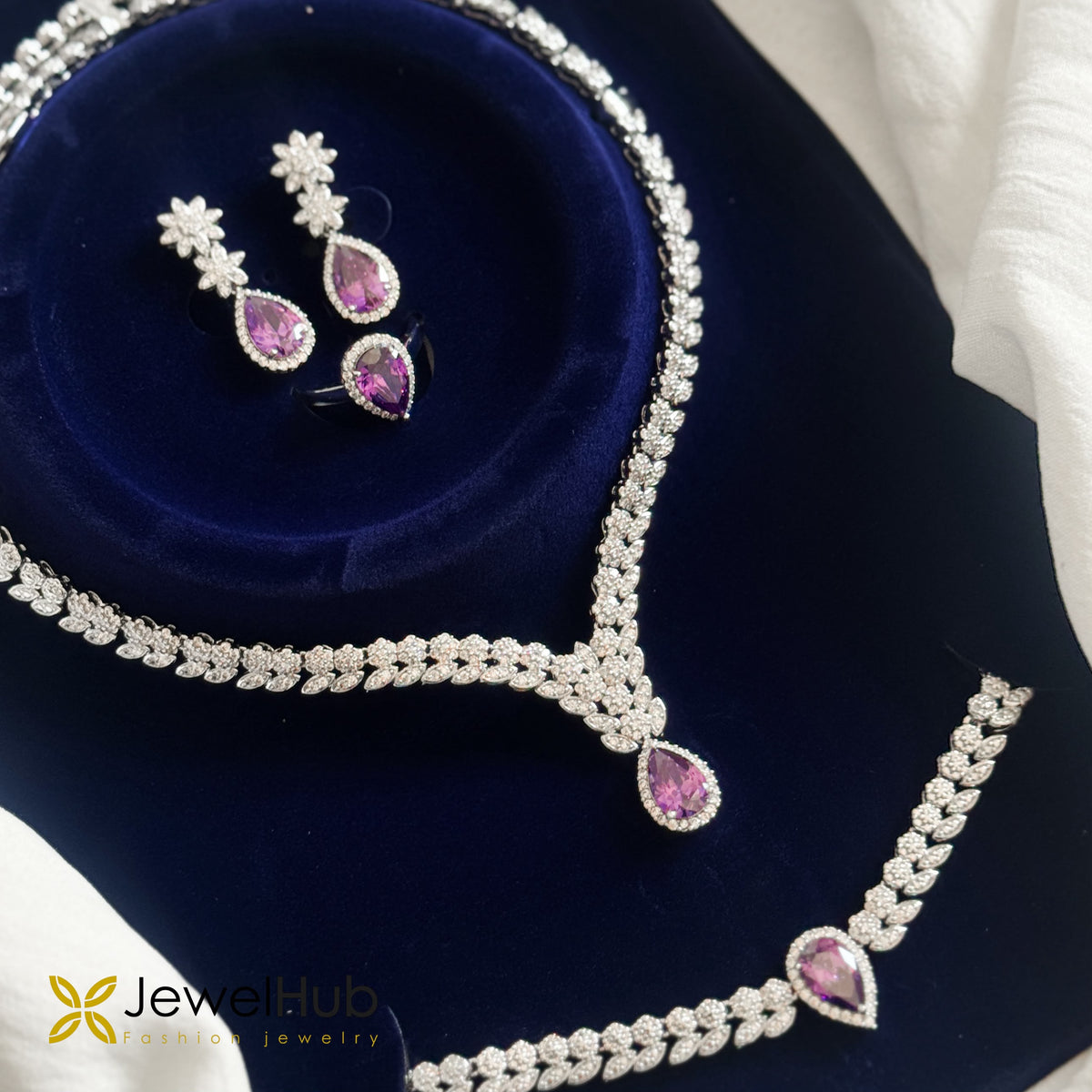 Silver-Plated Purple Pear-Cut CZ Jewelry Set – V-Shape