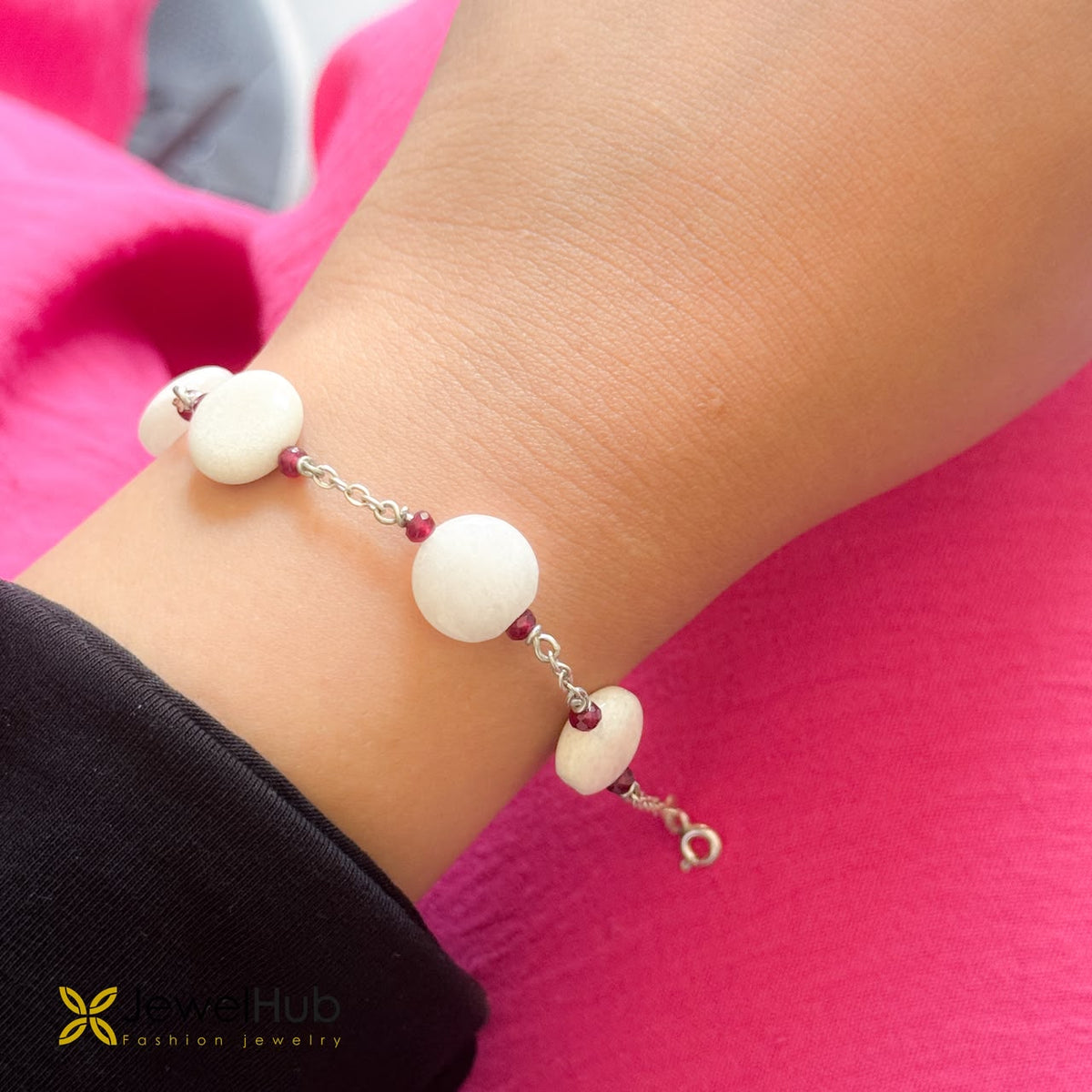 Geometric White Pebble & Ruby Chain Bracelet