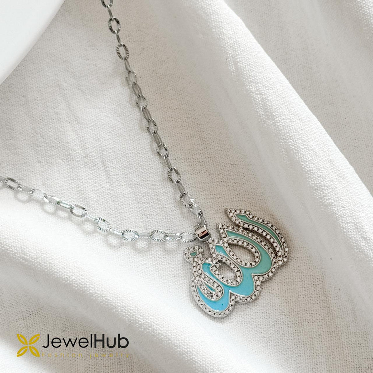 Silver Allah Calligraphy Pendant Necklace – Light Turquoise Enamel & Pavé Zircon