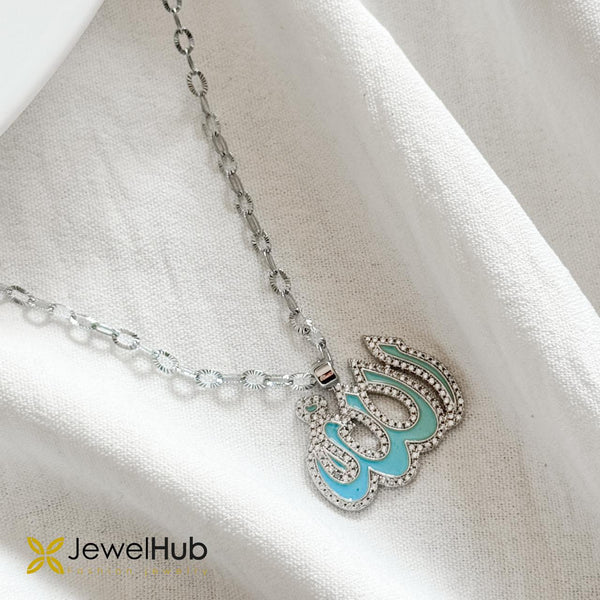Silver Allah Calligraphy Pendant Necklace – Light Turquoise Enamel & Pavé Zircon