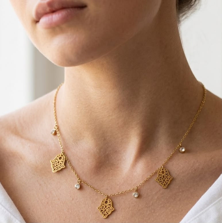 Hamsa Crystal Charm Choker Necklace